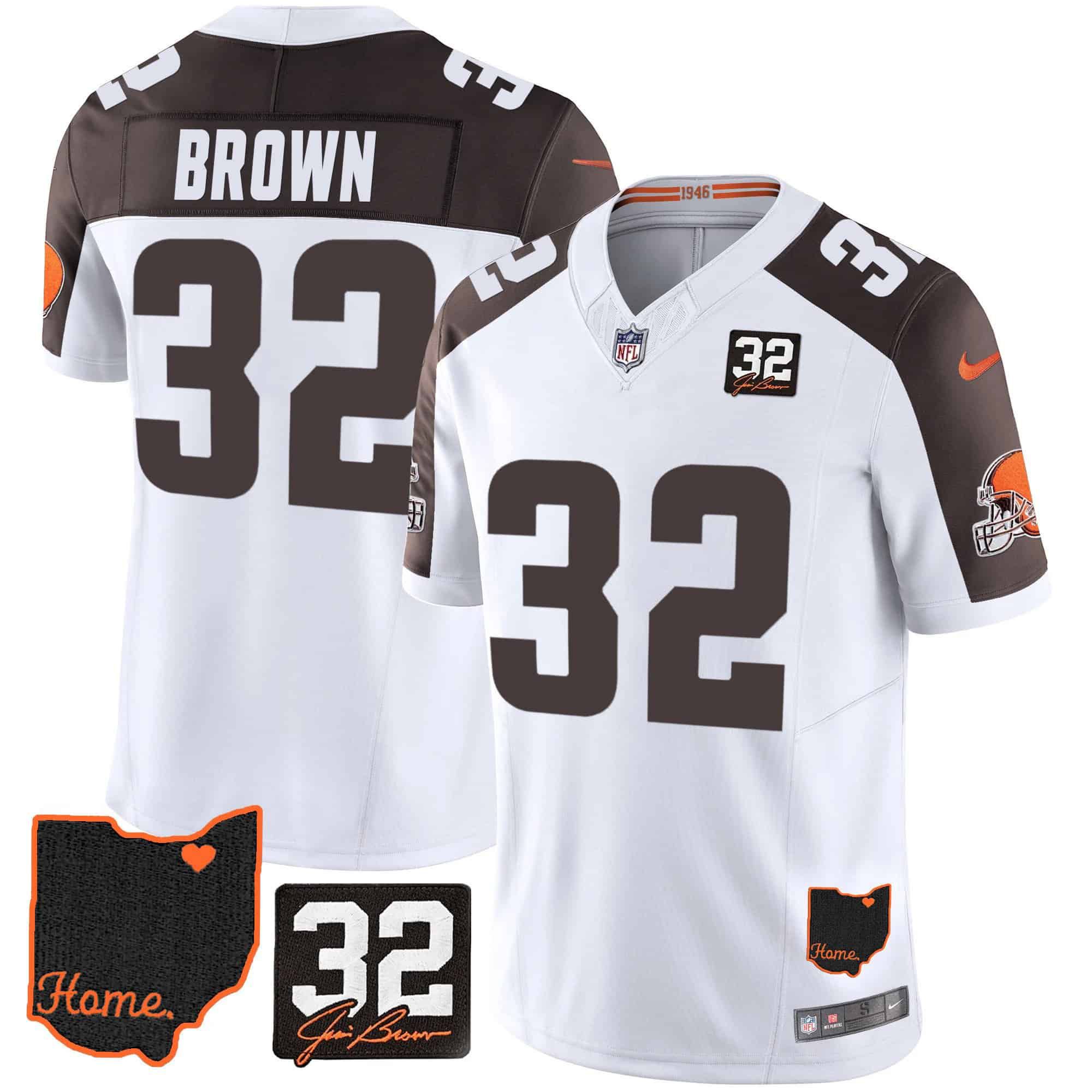 Men Cleveland Browns #32 Brown White Memorial Home Patch 2024 Nike NFL Jersey style 1